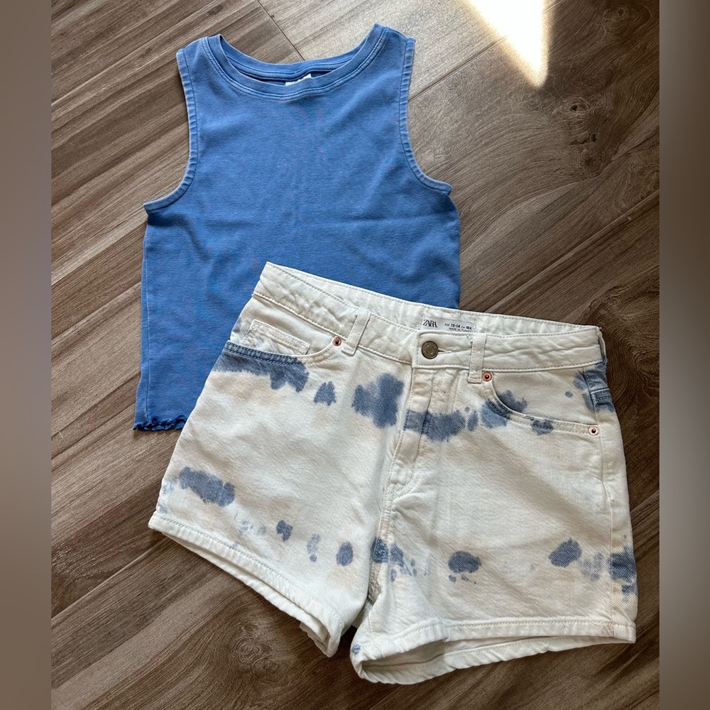 Zara Girls Tie-Dye Jean Shorts and tank top set.